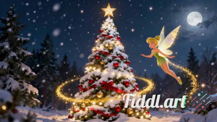 Tinker Bell (classic Disney design) flying gracefully around a giant Christmas tree outdoors at nigh