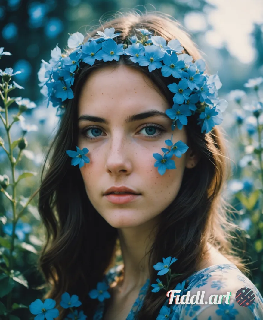 Media Index 0 | double exposure, of a young woman and blue flowers. Analogic camera vibe