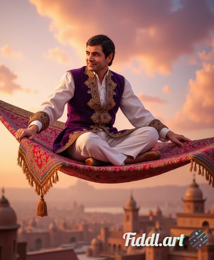 A man dressed as Aladdin, with intricate Middle Eastern attire featuring a rich purple vest, golden 