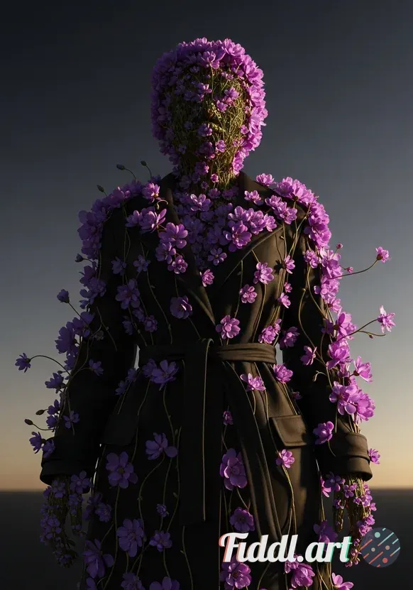 Media Index 0 | Low angle surreal conceptual portrait of a female figure entirely made of lush purple flowers and bl