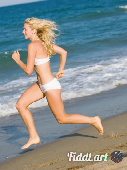 A blond woman running at the beach
