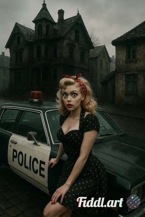 Amazingly old haunted looking house in a Norwegen semi decayed neighborhood. Detective car parked ou