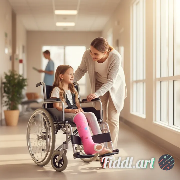 A heartwarming scene of a mother tenderly pushing her young daughter in a wheelchair through a clean