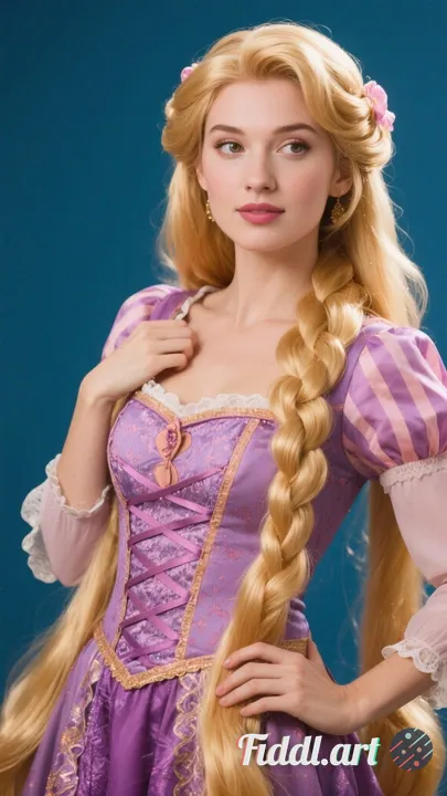 Make this woman dressed as Rapunzel. 