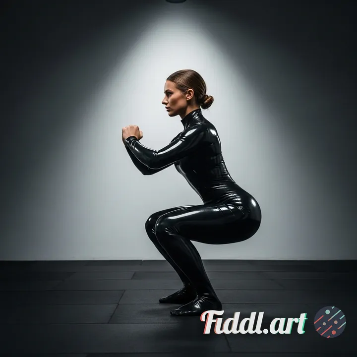 Vestida de latex haciendo sentadillas 