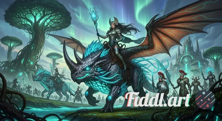 An ancient warrior princess atop a majestic bio-engineered creature, leading her army through a lush