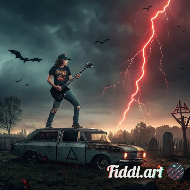 A movie poster featuring a heroic figure from the photo, standing atop a wrecked trailer and playing