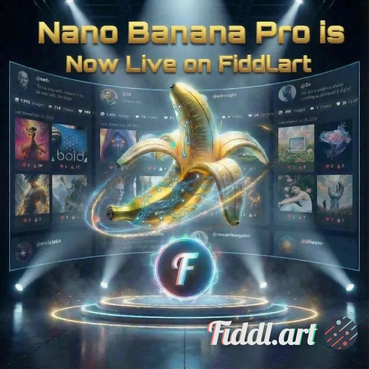 Make the 'Nano Banana Pro is Now live on Fiddlart' a bit larger and placement higher. The circle F l