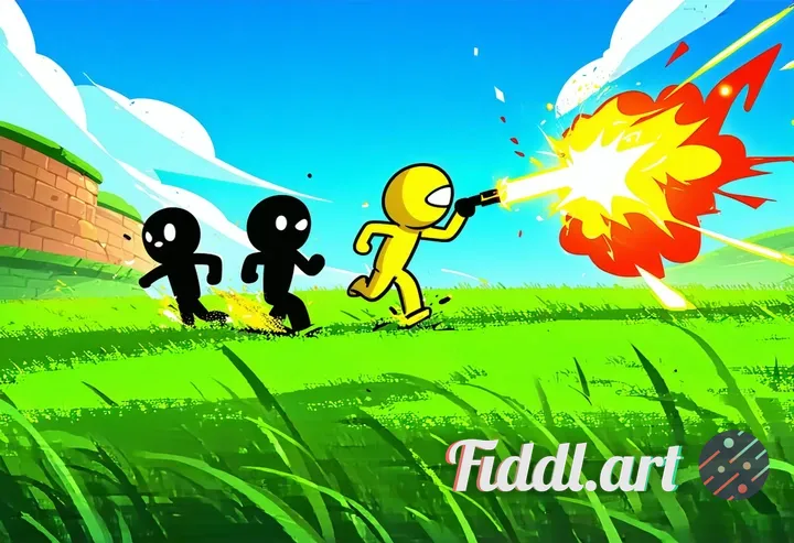 game profile image, title: Hot Bomb, dynamic action scene, three stylized character avatars, two bla