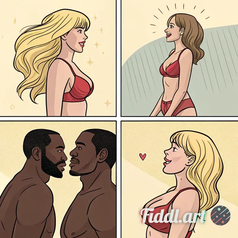 A 6-panel comic where a man transforms into a woman of prominent proportions and a sexy body, and is