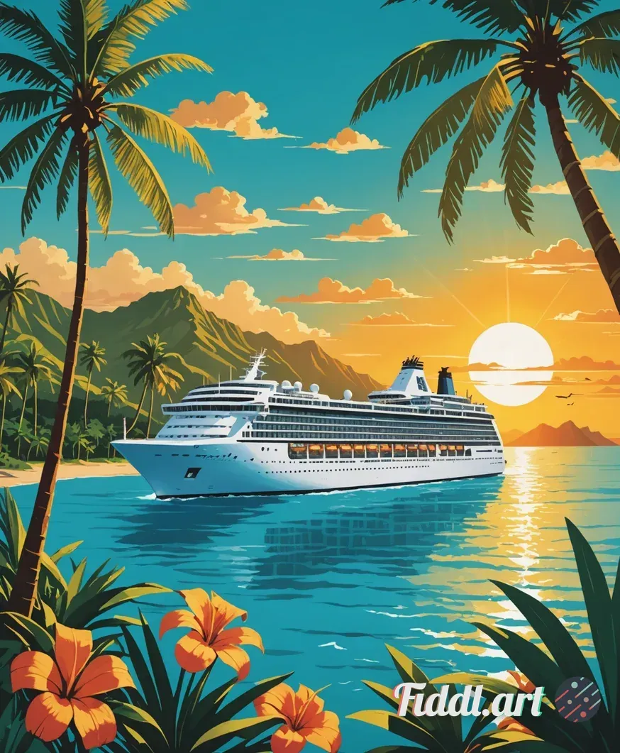 Media Index 0 | A vibrant vacation poster features a sleek, modern-day cruise ship with gleaming white decks and lar