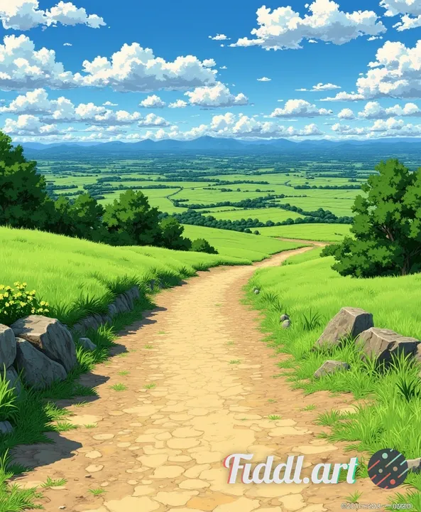anime countryside road curving through green fields, warm morning sun, soft painterly foliage, clean