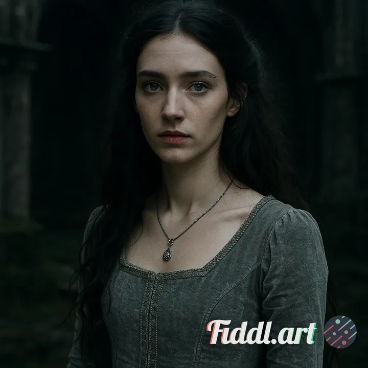 Screenshot of a dark fantasy medieval movie featuring a beautiful young princess with a long face, l