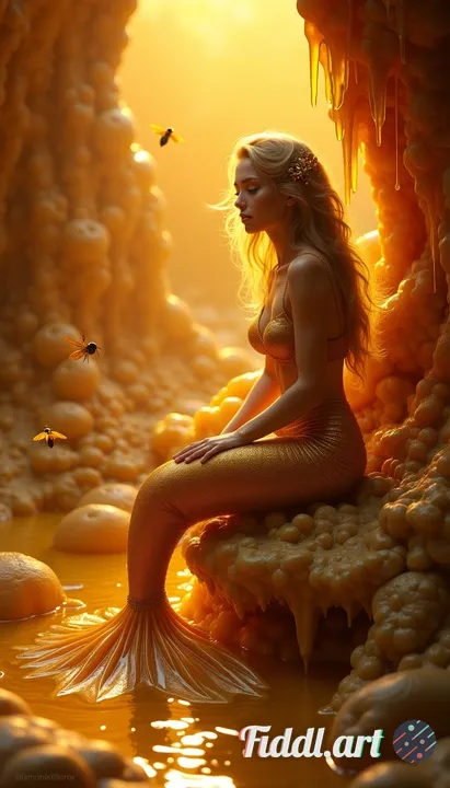 Hyperrealistic European mermaid with warm golden-beige skin and flowing caramel-blonde hair, styled 