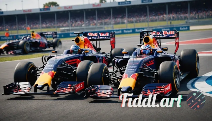 Create a photorealistic image of two people sitting inside a Red Bull Racing Formula 1 car on a raci