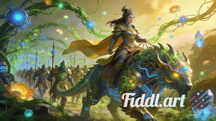 An ancient warrior princess atop a majestic bio-engineered creature, leading her army through a lush