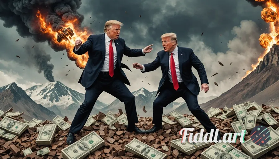 Media Index 0 | Trump and Elon Musk fighting each other while climbing an enormous mountain of money mixed with huma