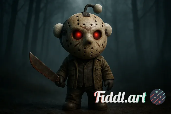 	A hyper-detailed 3D render of a small white cartoon mascot dressed as Jason Voorhees from the Frida