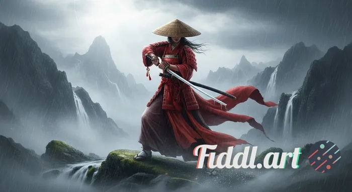 A fierce female samurai wearing a bamboo hat, standing on a misty mountain ridge in heavy rain and d