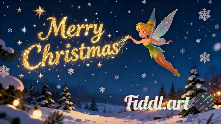 Tinker Bell (classic Disney design) flying in the night sky, joyfully writing “Merry Christmas” in t