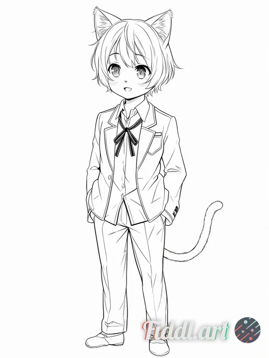 anthropomorphic cat boy, male feline humanoid, about 15 years old, short fur, cat ears, tail, wearin