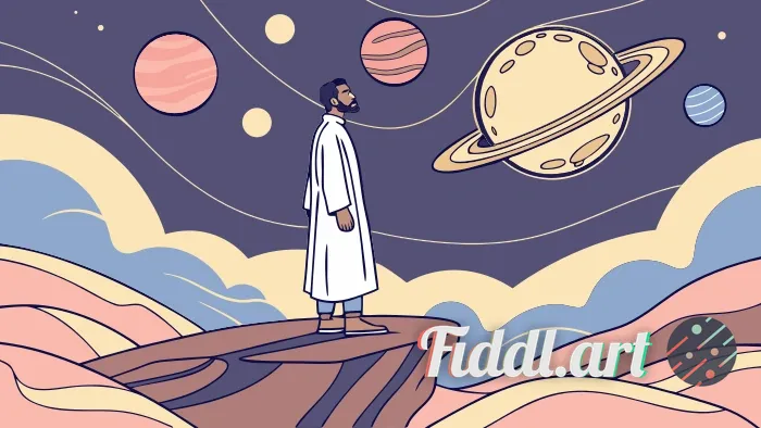 A mysterious man in pristine white robes stands serenely on a floating island suspended high above a