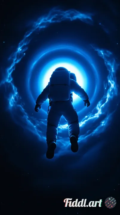 The astronaut is captured from behind, body angled downward as if diving through space toward a lumi