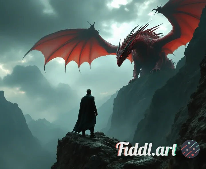 Epic fantasy scene: a brooding hero in tailored black flight leather stands defiantly on a mountain 