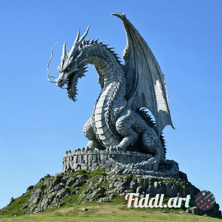 A monument sculpted to resemble a european dragon wrapped around a mountaintop