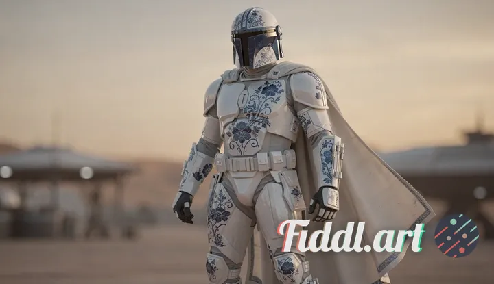 A reimagined Mandalorian warrior standing proudly, adorned with a unique porcelain-inspired suit of 