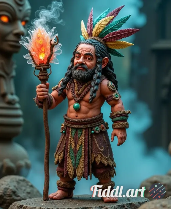 A beautifully detailed action figure of a mystical shaman, showcasing intricate tribal patterns on h