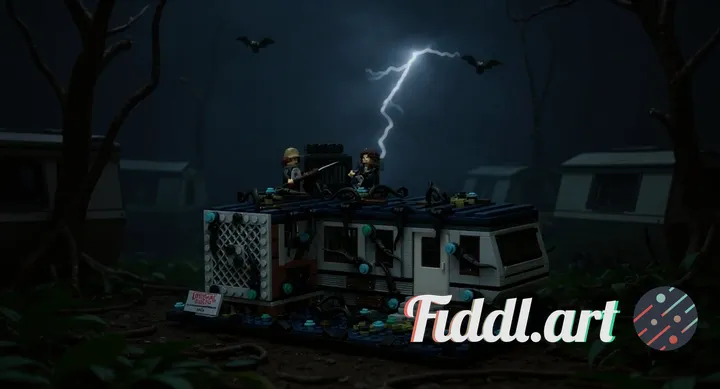 Create a dramatic night-time scene where the caravan model and its two minifigures are perfectly ins