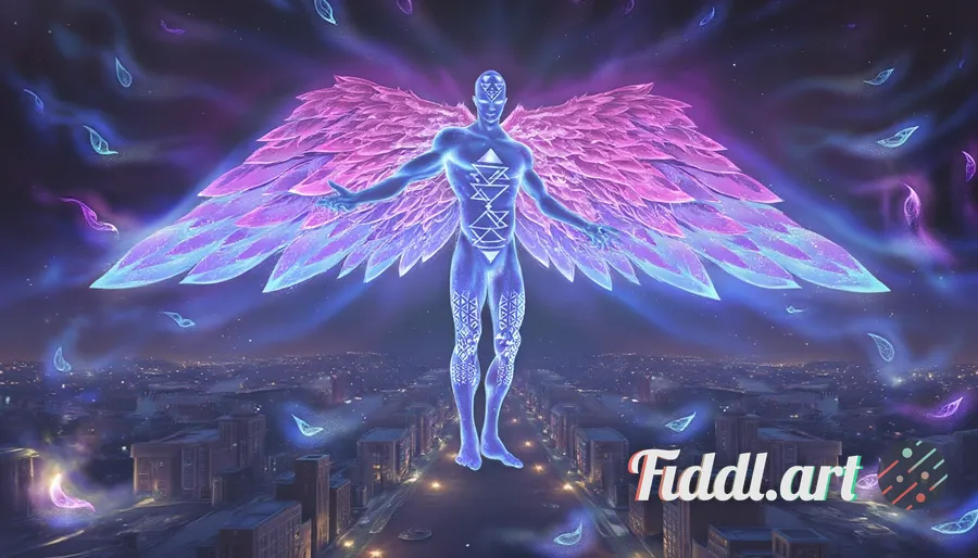 This image depicts a celestial, humanoid figure with an ethereal and otherworldly presence, now floa