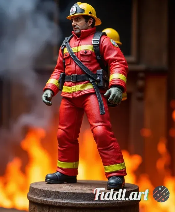 A dynamic action figure of a heroic firefighter, standing boldly in a dramatic pose. He is adorned i