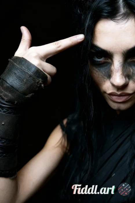 Make her fingers against her head like gun fingers pose, dark lighting,