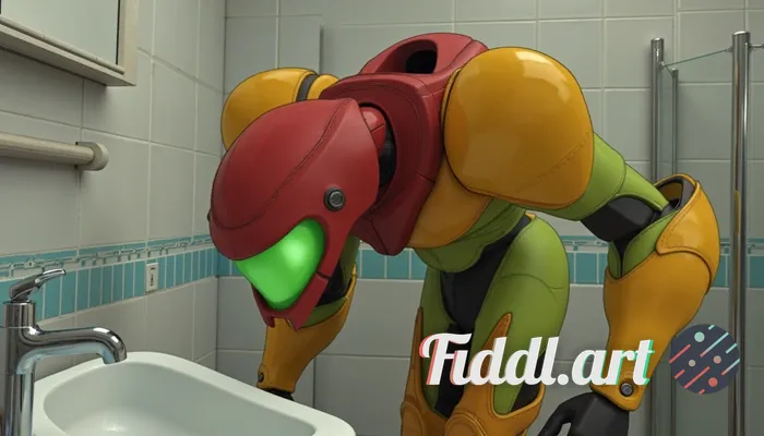 Zero Suit Samus, heavy with lust, bending over a bathroom sink