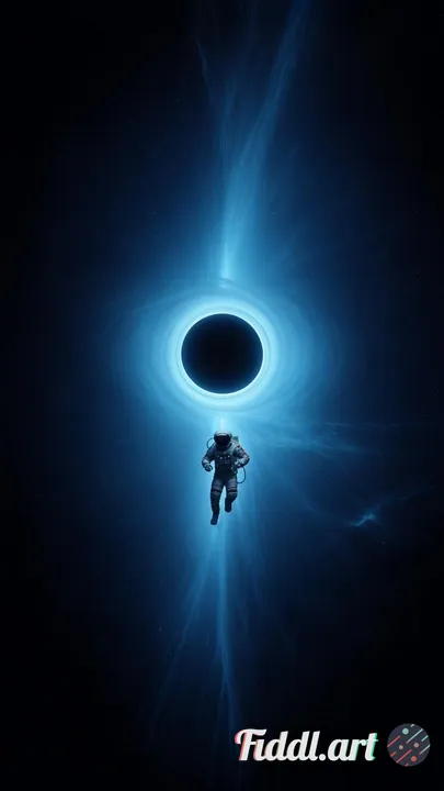 The astronaut is captured from behind, body angled downward as if diving through space toward a lumi