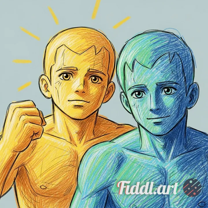 using the input image as a basis, color in the two characters using a more crayonlike/noisy texture.