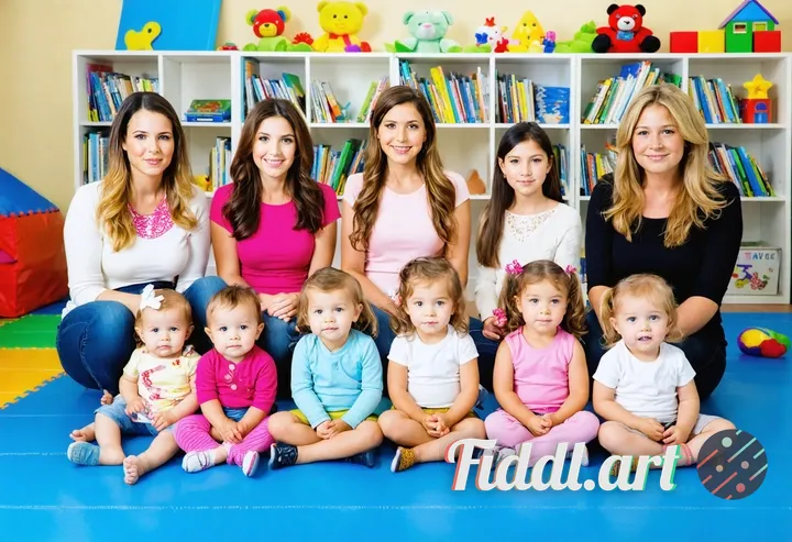 Classroom group photo of preschool children and four teachers. All children are looking directly at 