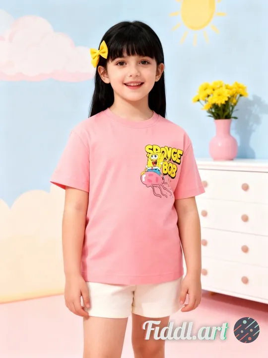 A cheerful indoor scene featuring a full figure of 7-8 years old child standing in a photo studio wi