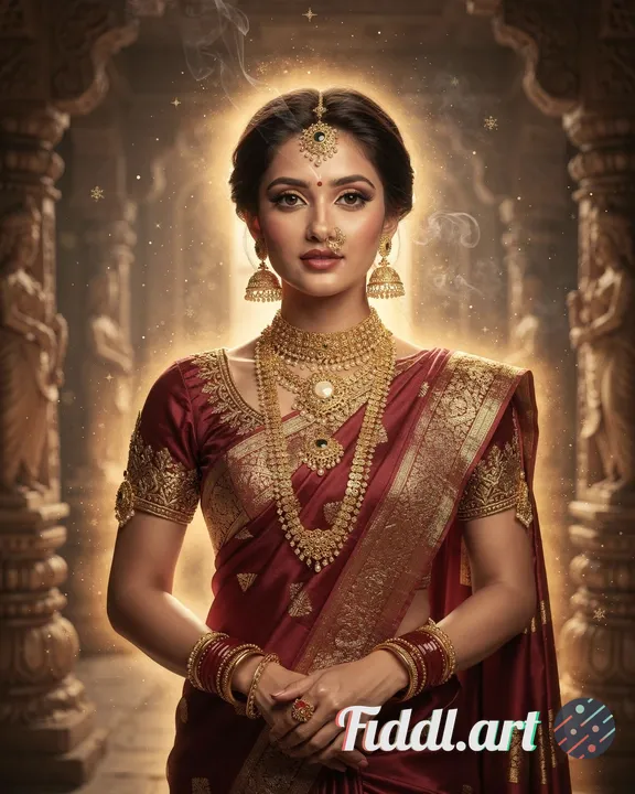 A majestic Indian goddess adorned in gold jewelry and silk saree, glowing aura, intricate temple bac
