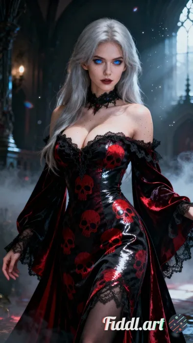 Ultra-realistic portrait of a woman with long silver hair and intense blue eyes, curvy body and prom