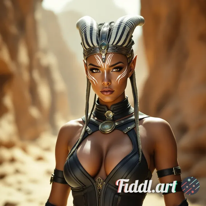 highly detailed cinematic portrait of a strong female alien warrior standing in a sunlit rocky canyo