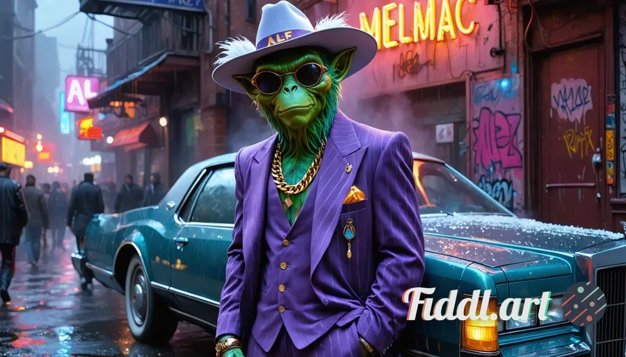 A hyper-realistic cinematic portrait of ALF (the 1980s alien from Melmac) reimagined as a stylish pi