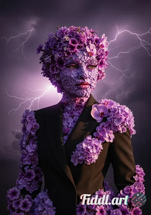 Media Index 0 | surreal conceptual portrait of a female figure entirely made of lush purple flowers and blooming , w