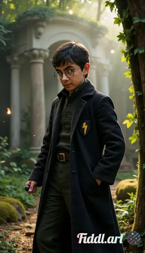 A young man with tousled black hair and round glasses, resembling Harry Potter, stands confidently i