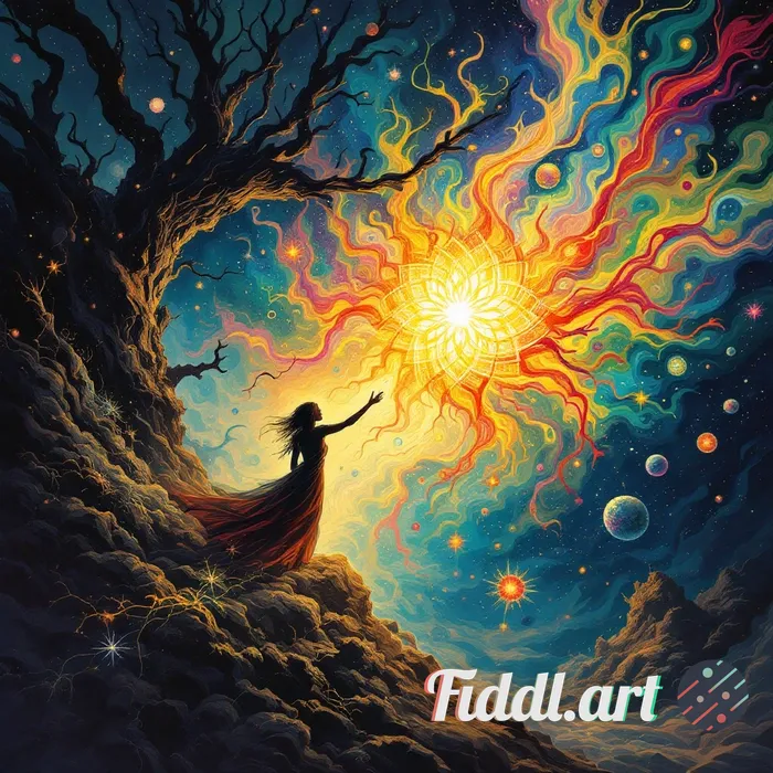 Create a psychedelic artwork illustrating the concept 'Fear is a disease; hope is its only cure.' De