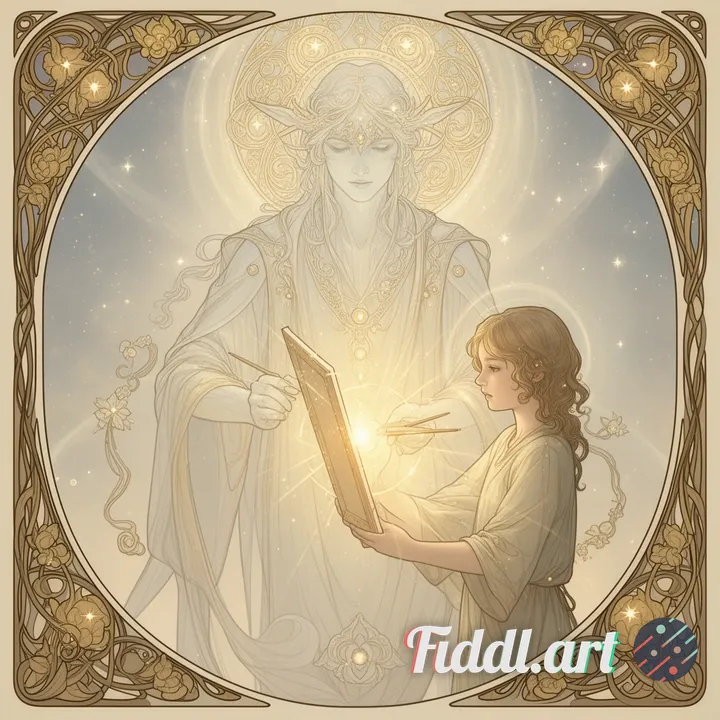 An enigmatic, spectral mentor illuminating a young artist's inner light, bathed in soft celestial gl