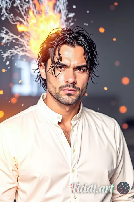 A hyper-realistic cinematic portrait of a fierce, wet-haired man standing amidst a dramatic elementa