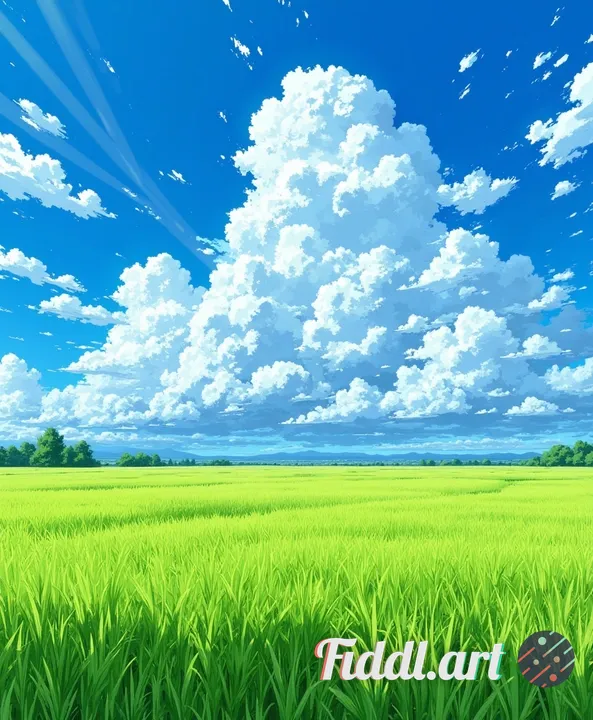 A vast summer field of tall green grass swaying in the wind, rendered in rich CoMix Wave Film detail